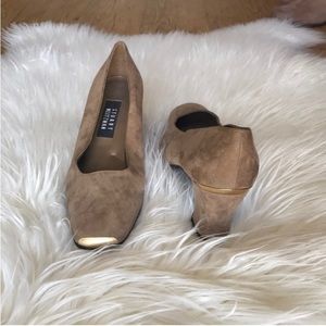 Stuart Weitzmen Light Brown Suede Block Heel and Gold Accent Size 10